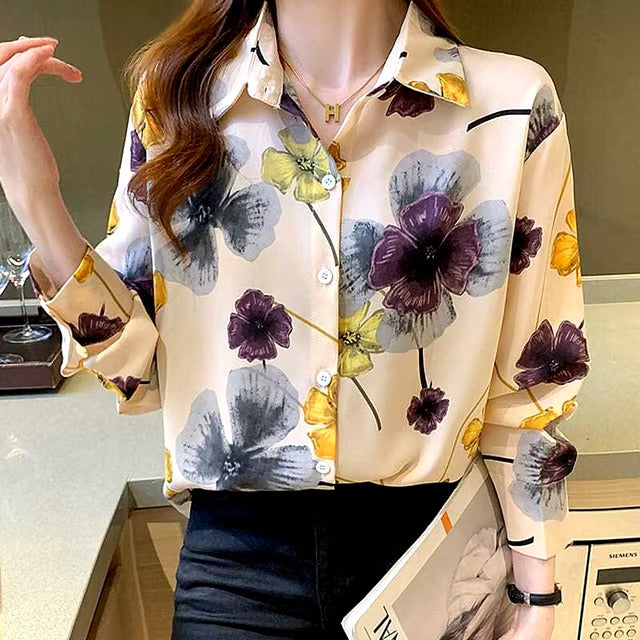 Casual Polo-neck Floral Print Sweet Chiffon Shirt Mssza