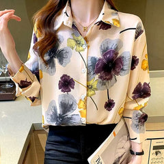 Casual Polo-neck Floral Print Sweet Chiffon Shirt Mssza