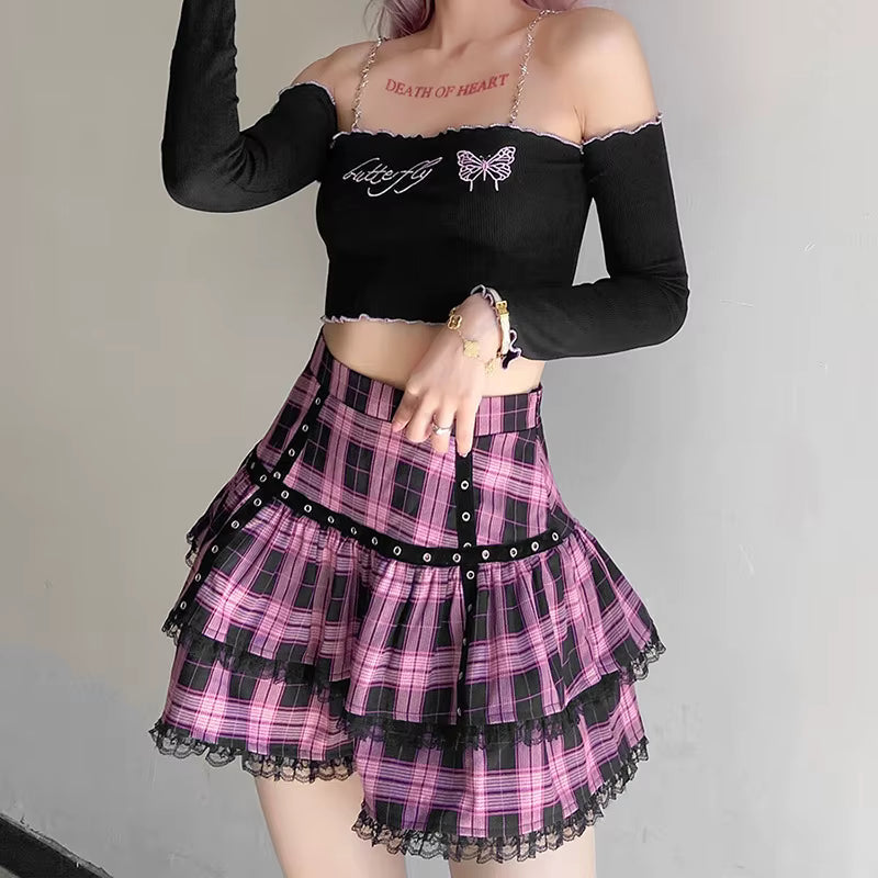 Casual Preppy Style Plaid Pleated Gothic Lace Ruffle Loose Mini Skirts Mssza