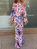 Casual Print Off Shoulder Asymmetrical T-shirt And Skirt Loose Two-piece Set Mssza