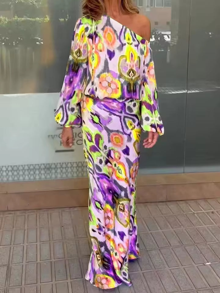 Casual Print Off Shoulder Asymmetrical T-shirt And Skirt Loose Two-piece Set Mssza
