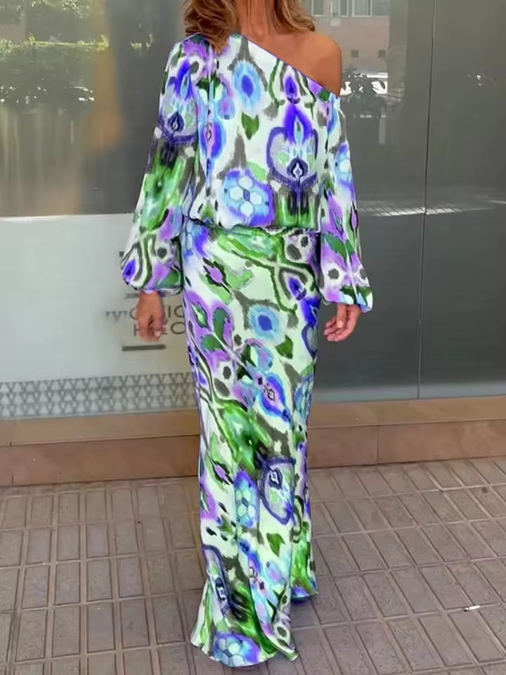 Casual Print Off Shoulder Asymmetrical T-shirt And Skirt Loose Two-piece Set Mssza