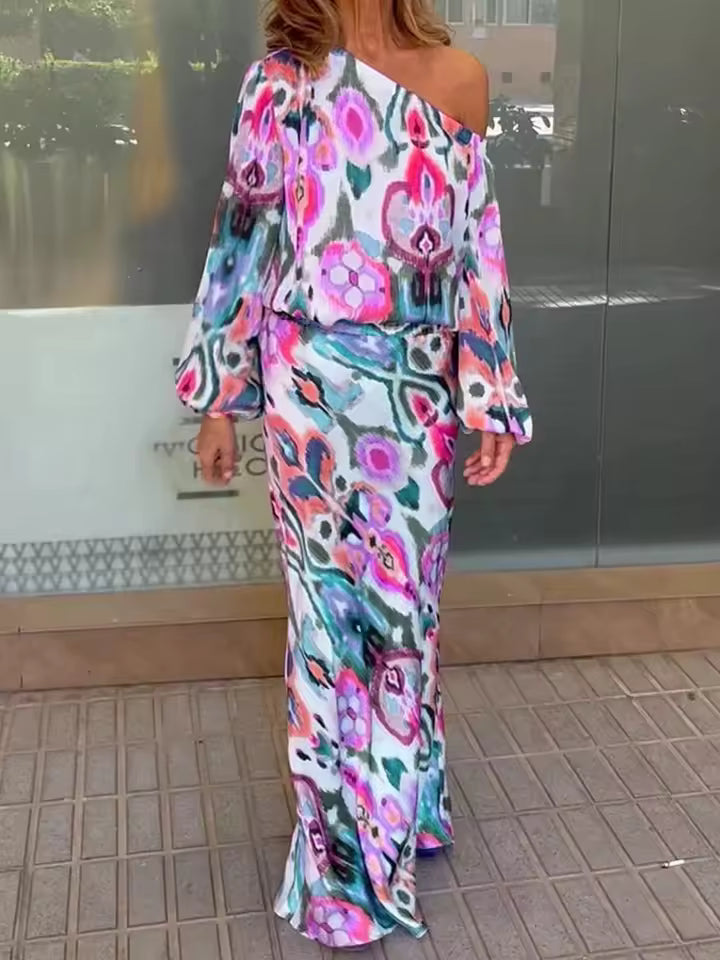 Casual Print Off Shoulder Asymmetrical T-shirt And Skirt Loose Two-piece Set Mssza