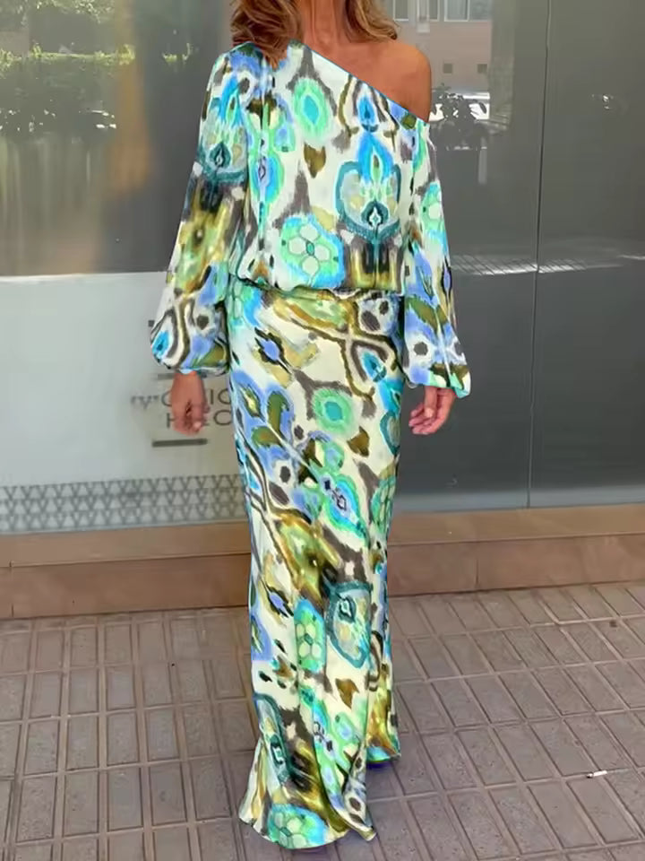 Casual Print Off Shoulder Asymmetrical T-shirt And Skirt Loose Two-piece Set Mssza