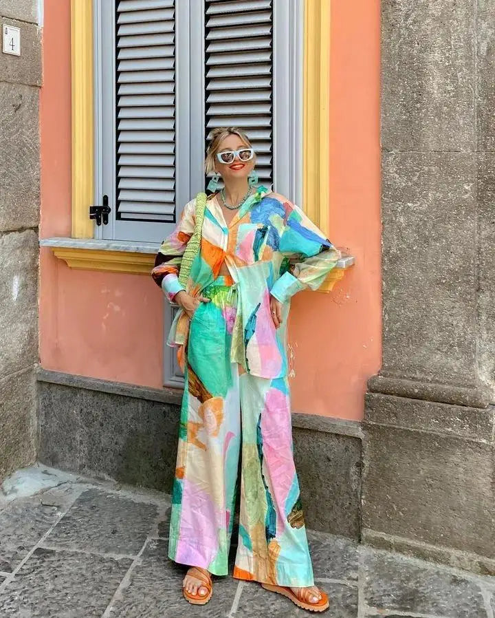 Casual Print Shirt Pants Sets Loose Turndown Collar Single Breasted Top Wide Leg Pants Mssza