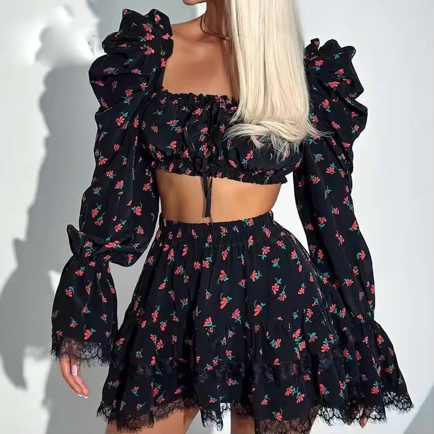 Casual Print Square Neck Lace-Up Crop Tops And Pleated Lace Skirts 2 Piece Set Mssza