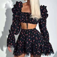 Casual Print Square Neck Lace-Up Crop Tops And Pleated Lace Skirts 2 Piece Set Mssza