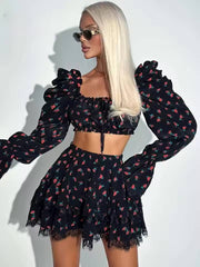 Casual Print Square Neck Lace-Up Crop Tops And Pleated Lace Skirts 2 Piece Set Mssza