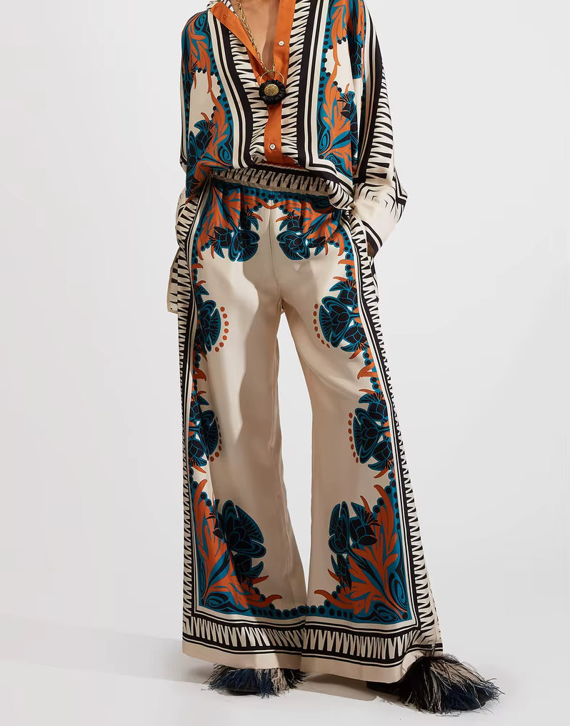 Vintage Print Wide Leg Pants Loose Long Sleeve Shirt Two Piece Set Mssza