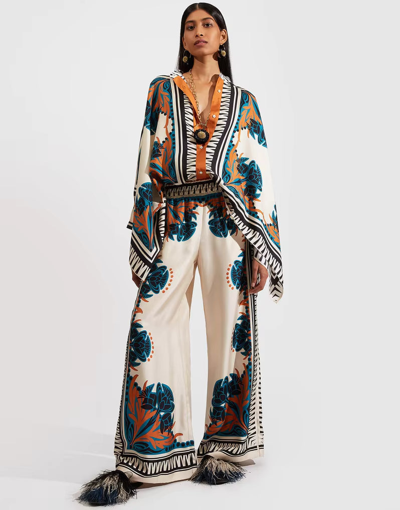 Vintage Print Wide Leg Pants Loose Long Sleeve Shirt Two Piece Set Mssza