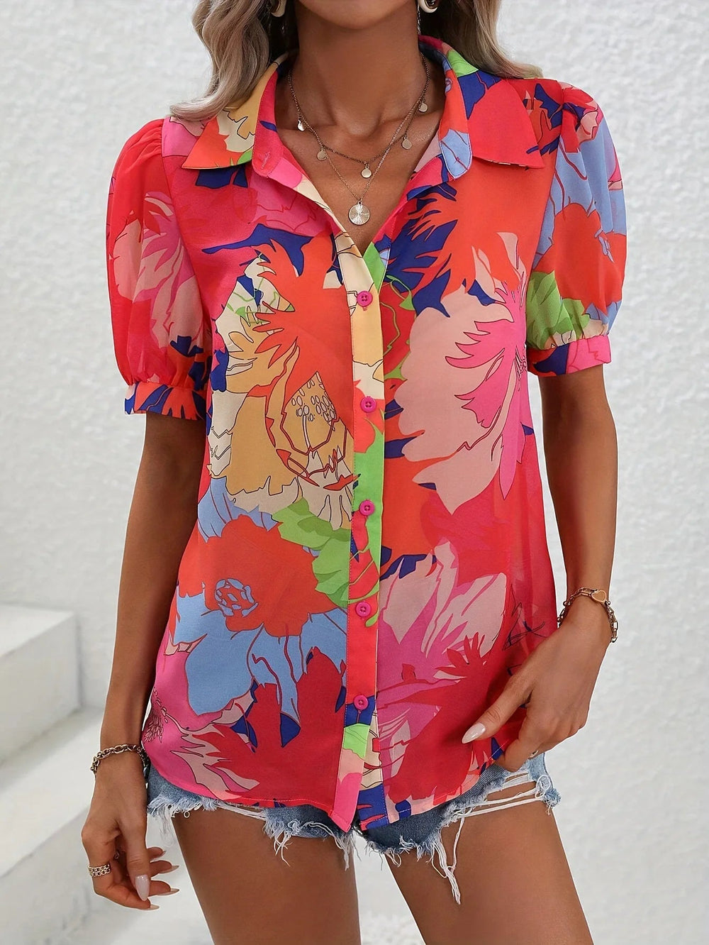 Casual Printed Bubble Sleeve Button Up Shirt Elegant Style Short Sleeved Printed Shirt Top Mssza