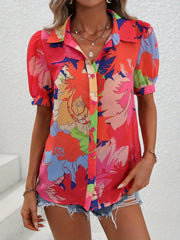 Casual Printed Bubble Sleeve Button Up Shirt Elegant Style Short Sleeved Printed Shirt Top Mssza
