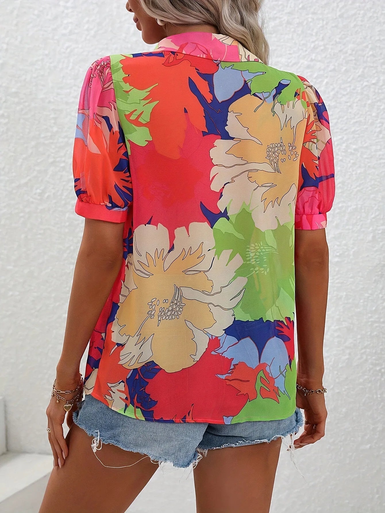 Casual Printed Bubble Sleeve Button Up Shirt Elegant Style Short Sleeved Printed Shirt Top Mssza