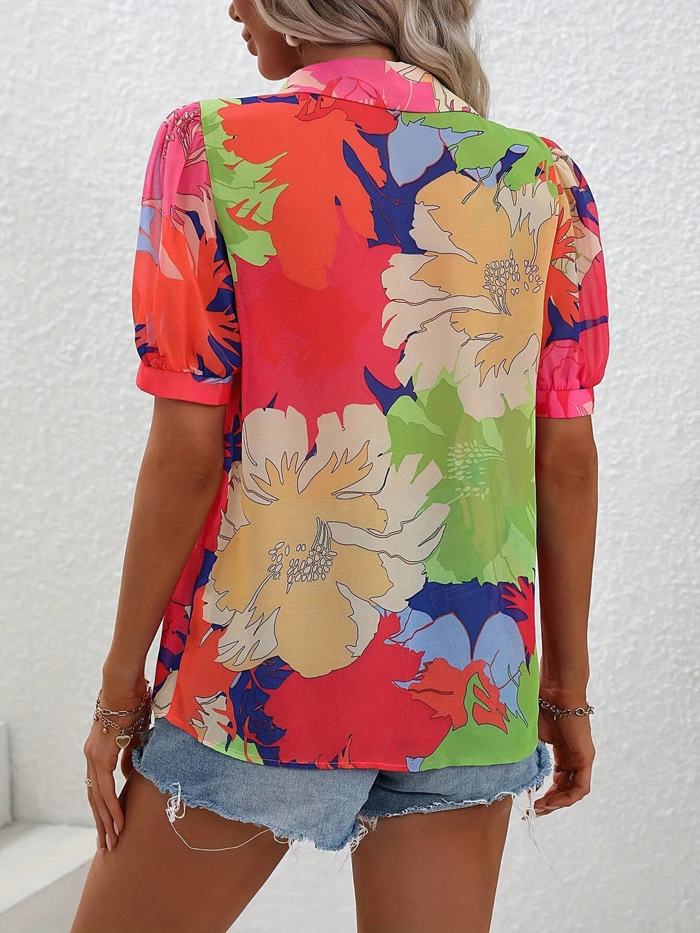 Casual Printed Bubble Sleeve Button Up Shirt Elegant Style Short Sleeved Printed Shirt Top Mssza