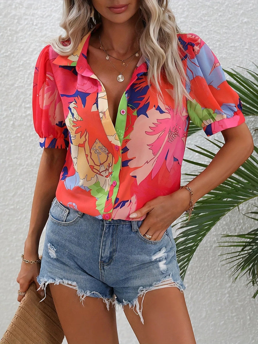 Casual Printed Bubble Sleeve Button Up Shirt Elegant Style Short Sleeved Printed Shirt Top Mssza