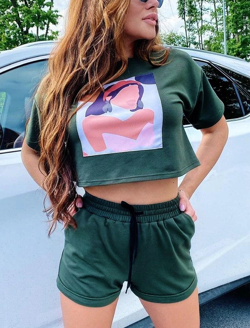 Casual Printed Cropped T Shirt Set Mssza
