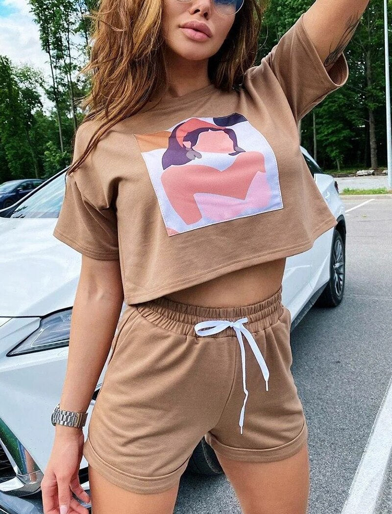 Casual Printed Cropped T Shirt Set Mssza