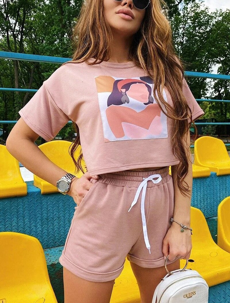 Casual Printed Cropped T Shirt Set Mssza