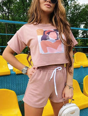 Casual Printed Cropped T Shirt Set Mssza