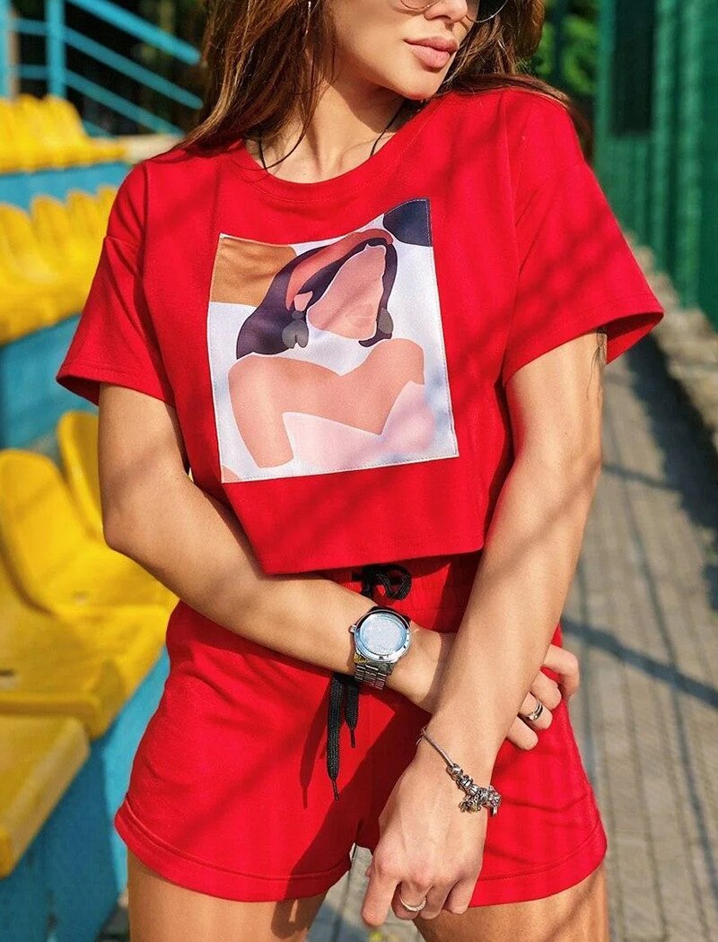 Casual Printed Cropped T Shirt Set Mssza
