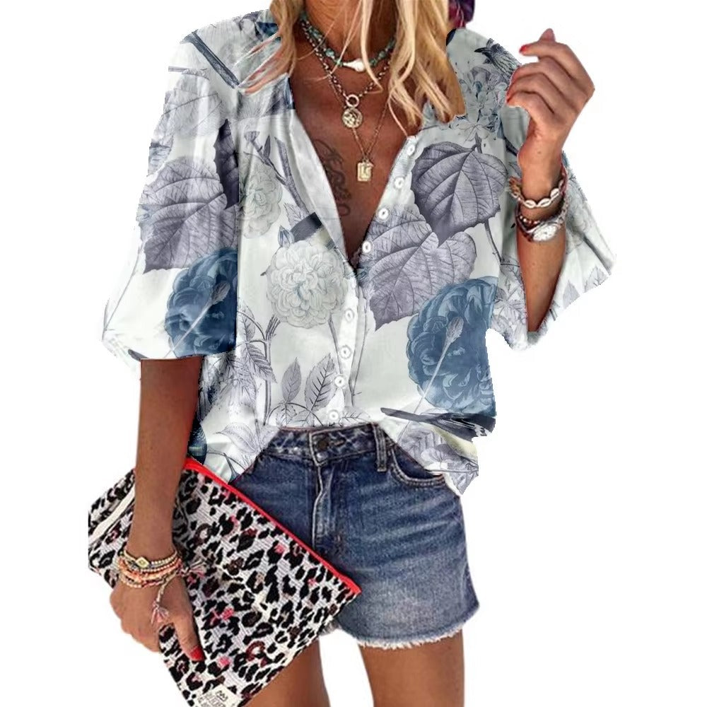 Casual Printed Design Half Sleeve Loose Blouse Mssza