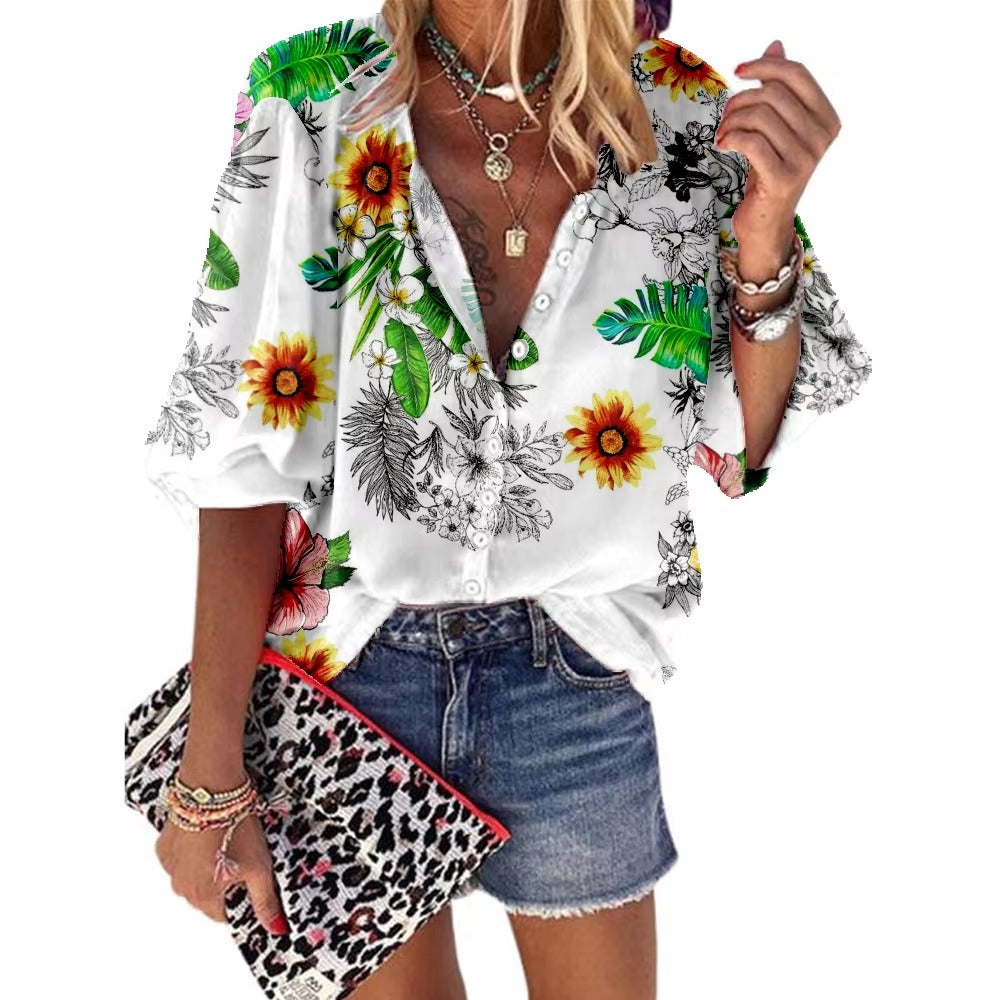 Casual Printed Design Half Sleeve V-Neck Non Stretch Loose Blouse Mssza