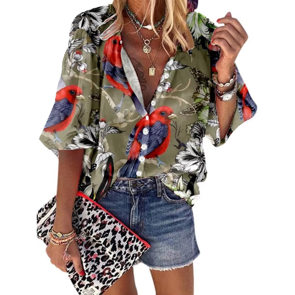 Casual Printed Design Half Sleeve V-Neck Loose Blouse Mssza