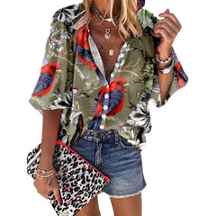 Casual Printed Design Half Sleeve V-Neck Loose Blouse Mssza
