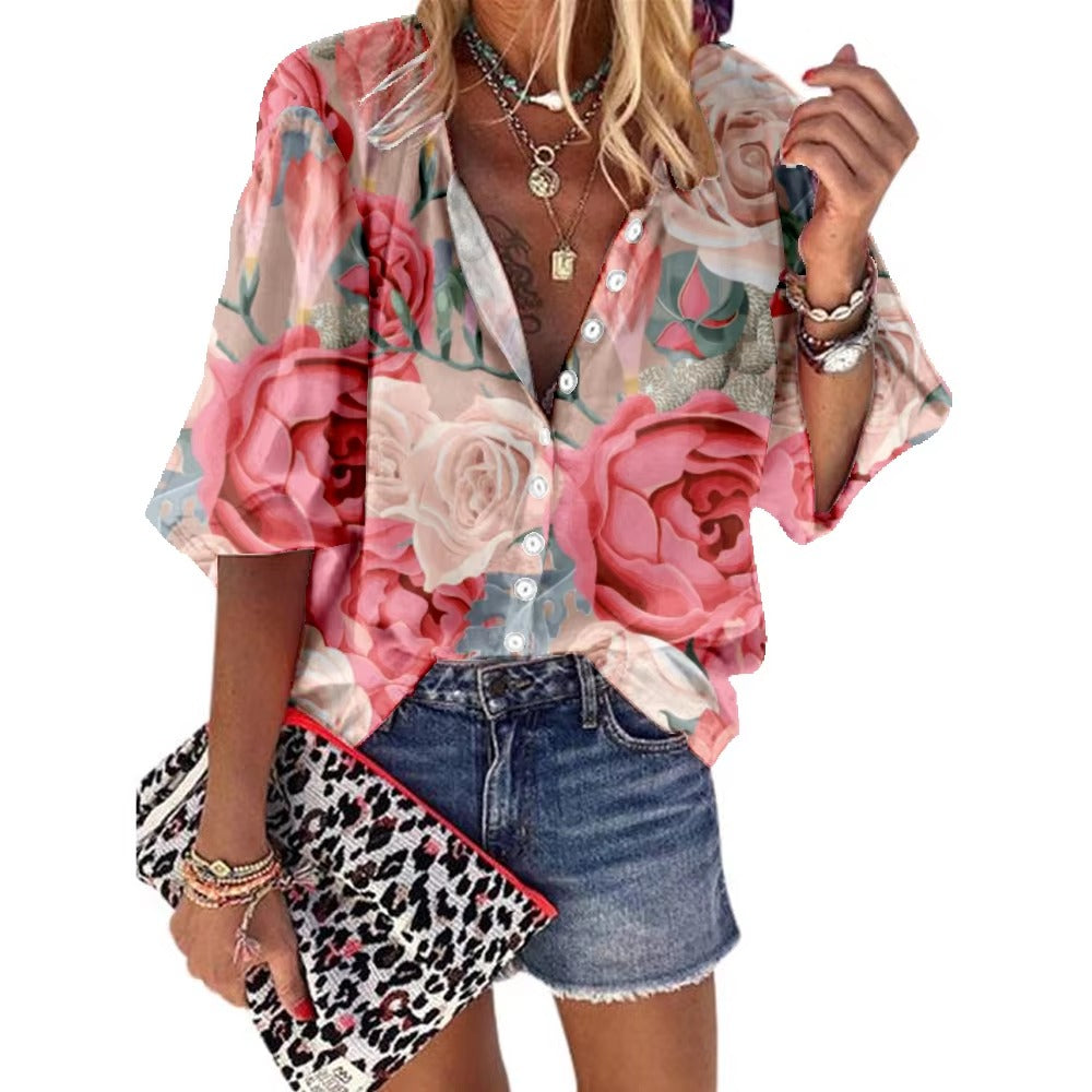 Casual Printed Design Half Sleeve Non Stretch Loose Blouse Mssza