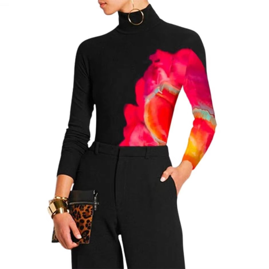 Casual Printed Long Sleeve High Neck Skinny Office Lady T-Shirts Tops Mssza