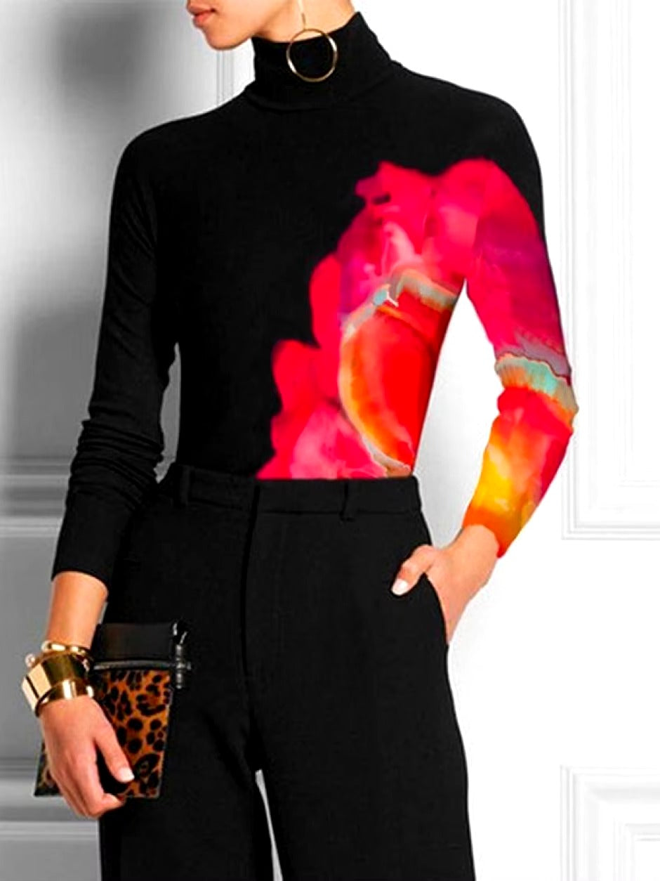 Casual Printed Long Sleeve High Neck Skinny Office Lady T-Shirts Tops Mssza