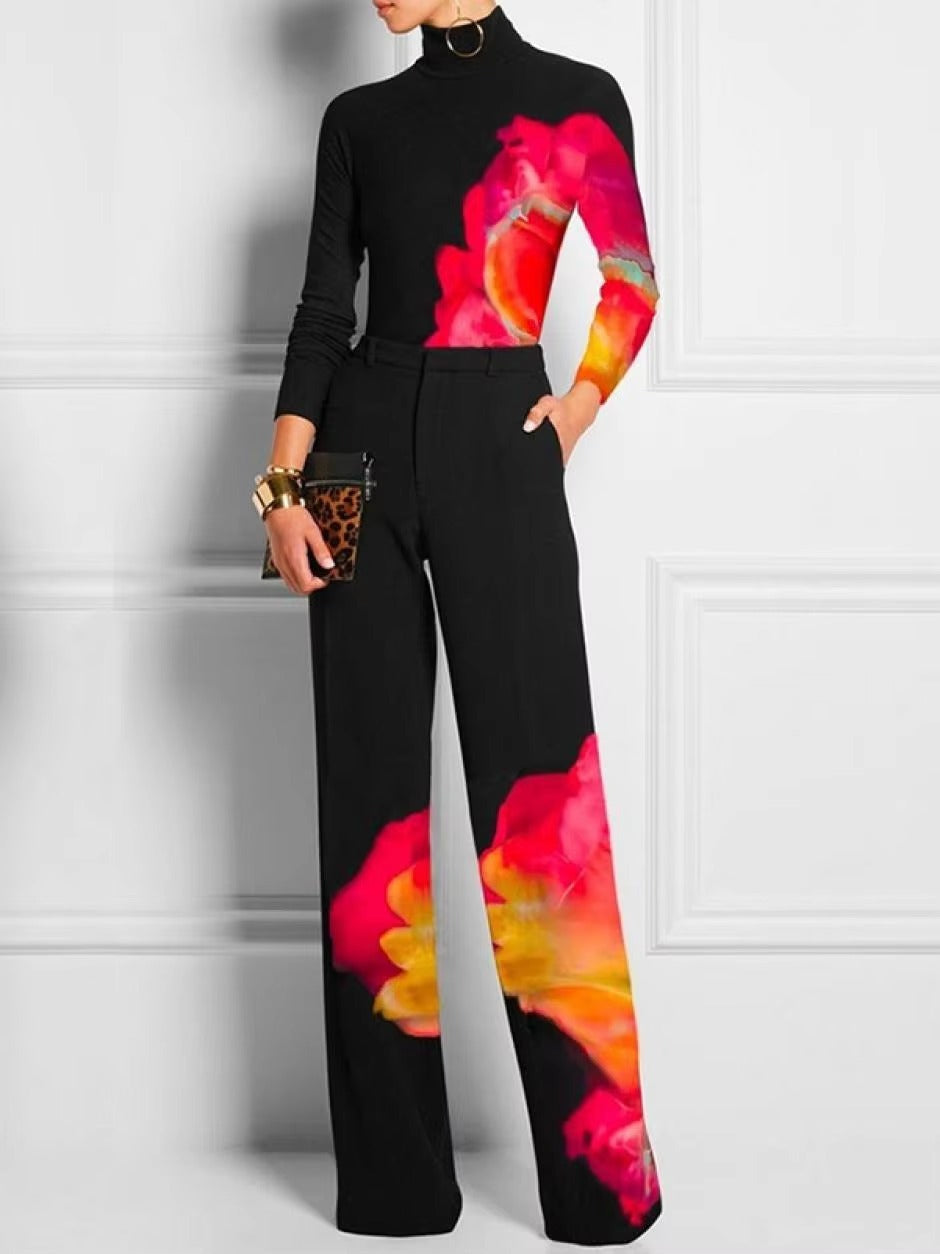 Casual Printed Long Sleeve High Neck Skinny Office Lady T-Shirts Tops Mssza