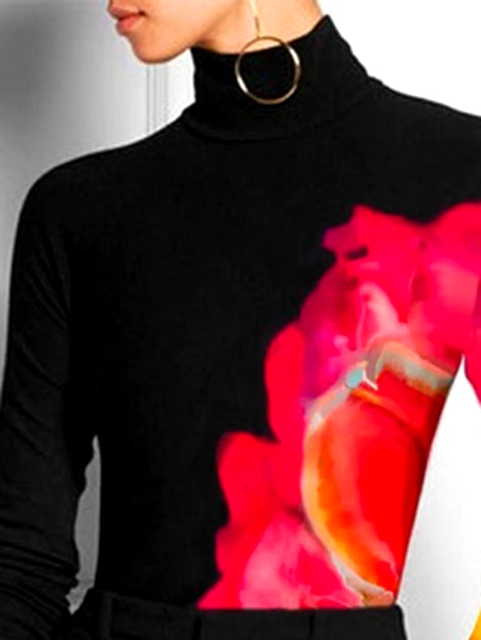 Casual Printed Long Sleeve High Neck Skinny Office Lady T-Shirts Tops Mssza