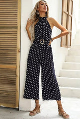 Casual Printed Polka-dot Halter Neck Sling With Belt Jumpsuit Mssza