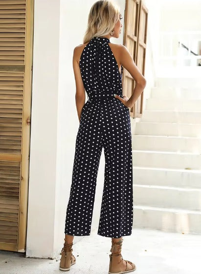 Casual Printed Polka-dot Halter Neck Sling With Belt Jumpsuit Mssza