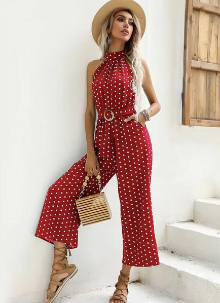 Casual Printed Polka-dot Halter Neck Sling With Belt Jumpsuit Mssza