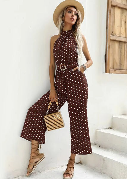 Casual Printed Polka-dot Halter Neck Sling With Belt Jumpsuit Mssza