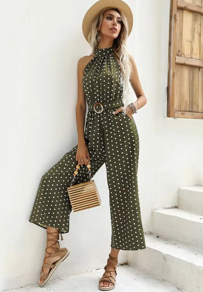 Casual Printed Polka-dot Halter Neck Sling With Belt Jumpsuit Mssza