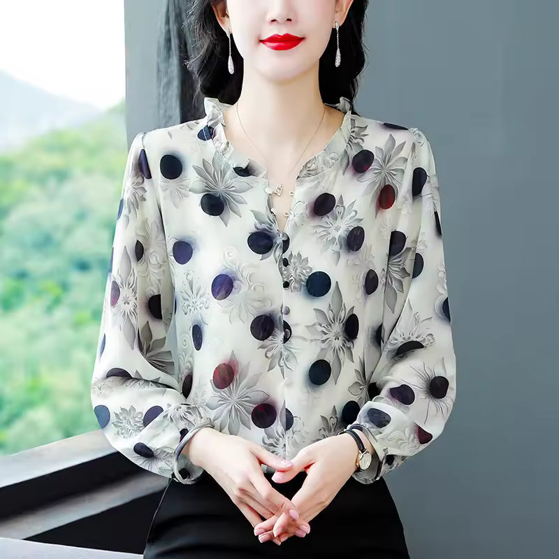 Vintage Printed Ruffled Collar Half Sleeve Chiffon Pullovers Shirt Mssza