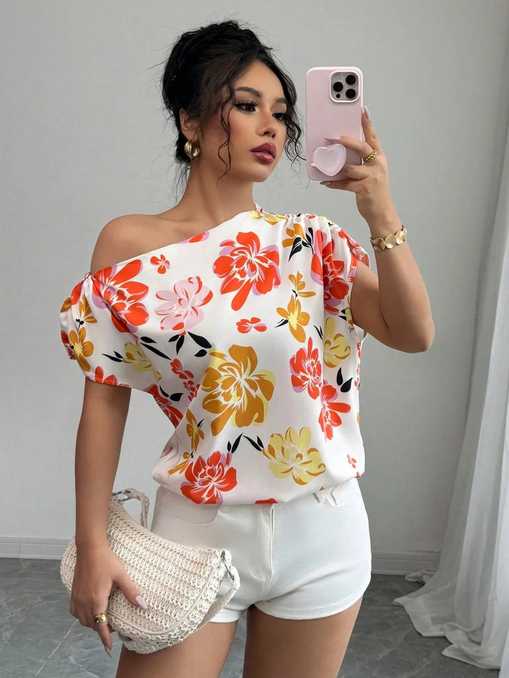 Casual Printed Short Sleeve Turn-Down Collar Shirts Blouses Tops Mssza