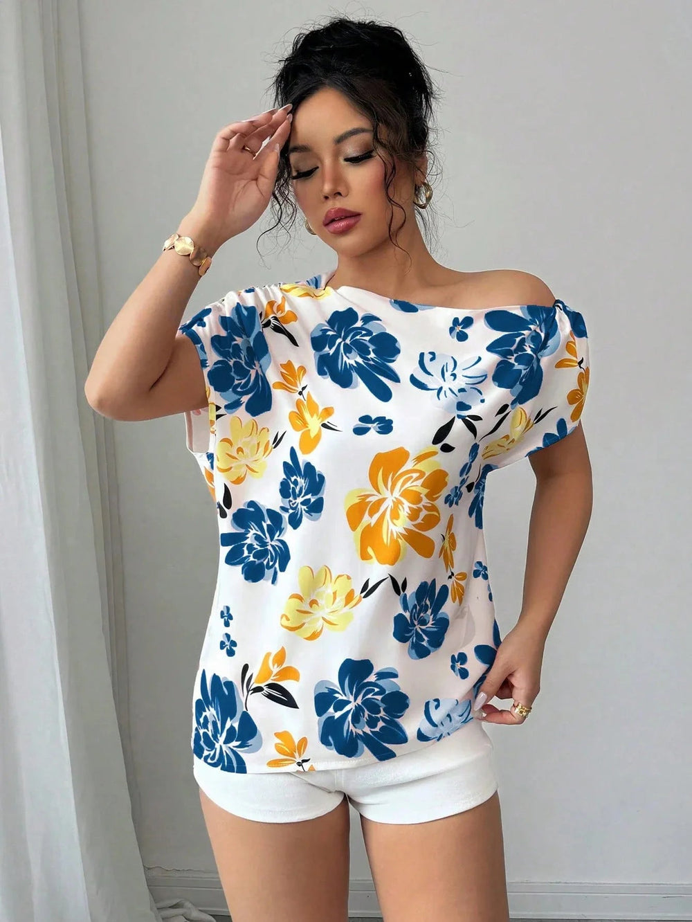 Casual Printed Short Sleeve Turn-Down Collar Shirts Blouses Tops Mssza