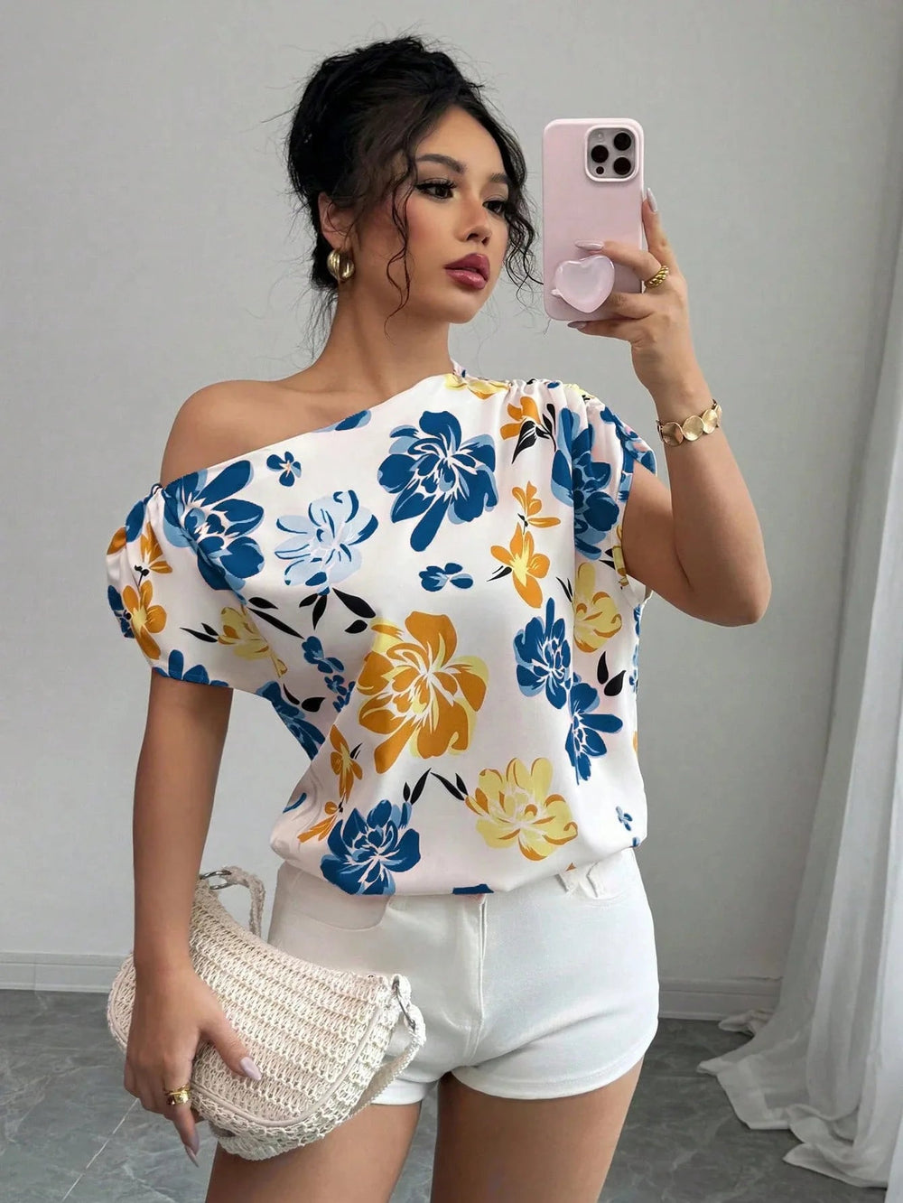 Casual Printed Short Sleeve Turn-Down Collar Shirts Blouses Tops Mssza