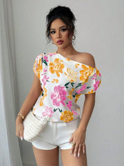 Casual Printed Short Sleeve Turn-Down Collar Shirts Blouses Tops Mssza