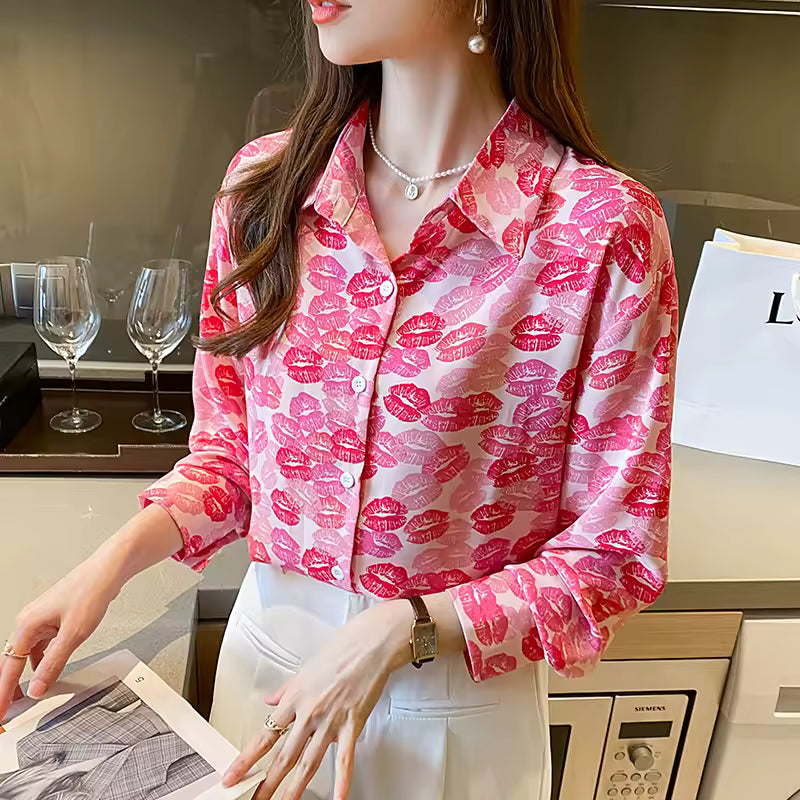 Casual Printing Chiffon Polo-Neck Long Sleeve Loose Office Lady Shirts Mssza
