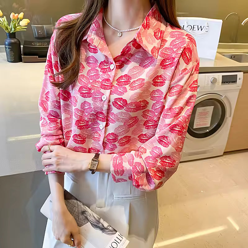 Casual Printing Chiffon Polo-Neck Long Sleeve Loose Office Lady Shirts Mssza
