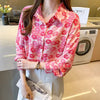 Casual Printing Chiffon Polo-Neck Long Sleeve Loose Office Lady Shirts Mssza