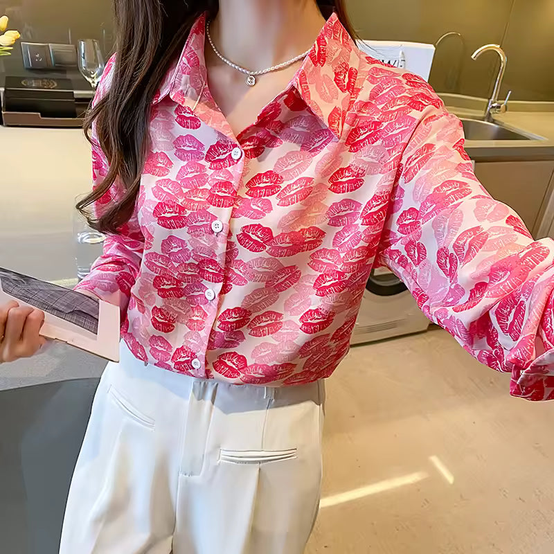 Casual Printing Chiffon Polo-Neck Long Sleeve Loose Office Lady Shirts Mssza