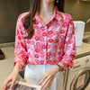 Casual Printing Chiffon Polo-Neck Long Sleeve Loose Office Lady Shirts Mssza