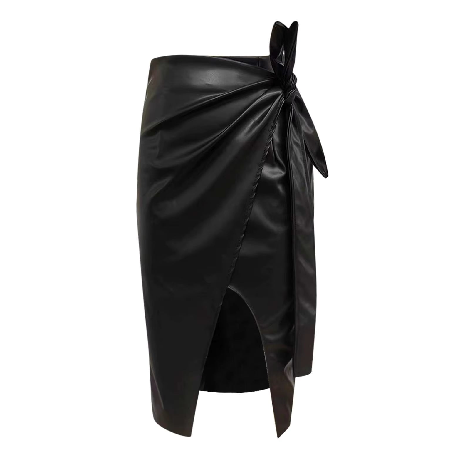 Casual Pu Leather Irregular High Waist Slim Midi Length Skirt Mssza