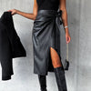 Casual Pu Leather Irregular High Waist Slim Midi Length Skirt Mssza